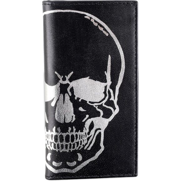 Men’s Skull Leather Wallet  Long Bifold in Vintage Black by F&L CLASSIC - Picture 1 of 7